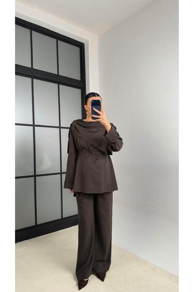 Gaus Acı Kahve Şal Detaylı Belden Kuşaklı Beli Lastikli İthal Kumaş İkili Tak...