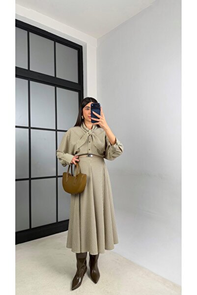 Gaus Yeşil Fular Detaylı Gömlek Etek İkili Ekoseli Takım GAUS-00980