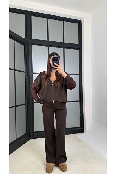 Gaus Acı Kahve Kapüşonlu Hırka Beli Lastikli Pantolon İkili Triko Takım GAUS-...