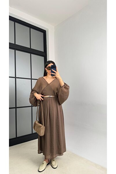 Gaus Kahve Transparan Üst Beli Lastikli Astarlı Etek Takım GAUS-01111