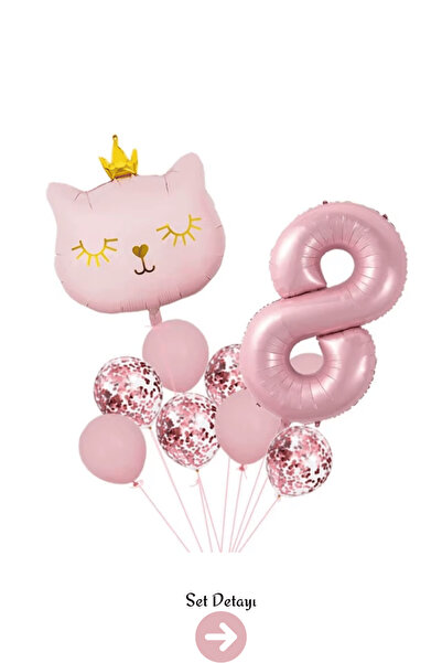 Bunloon 8 Yaş Retro Pembe Kedi Konfeti Temalı Balon Set Dekoru