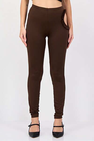 Grayscale Women Regular Fit Ruffled Cutout Skinny Pants, Brown