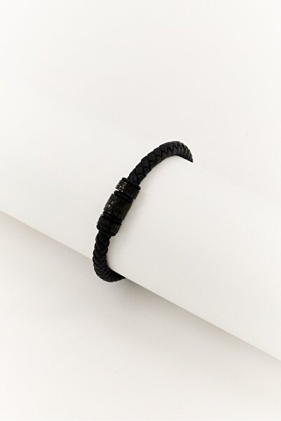 Steeltime Men Braided Bracelet With Stainless Steel Hammered Accent, Black