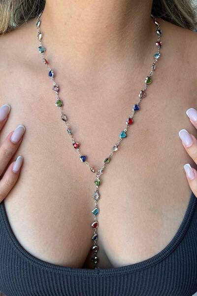 stravis Çok Renkli Taşlı Kalpli Gümüş Renk Y Kolye Dekolte Kolye