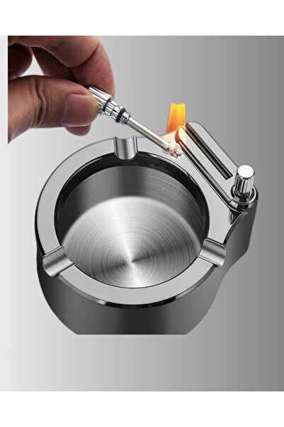 Epilons Metal Ashtray with Gasoline Lighter, Gray Color, Decorative Stainless...