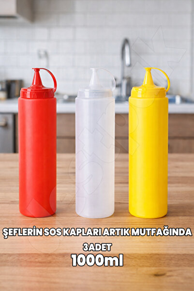 Destpak 1000 ML 3 ADET Sos Yağ Şişesi - Sos Kabı - Şeflerin Yağ Kabı - Profes...