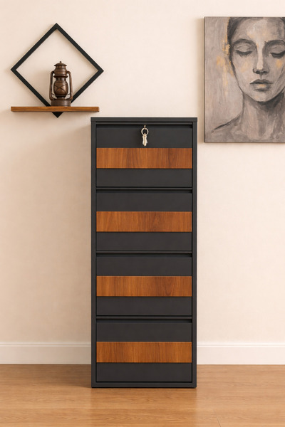 KARLI 4 LÜ KİLİTLİ AHŞAP DESENLİ METAL AYAKKABILIK