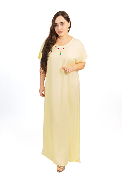 LINELLE جلابية صفراء بياقة مرصعة بأحجار متعددة الألوان