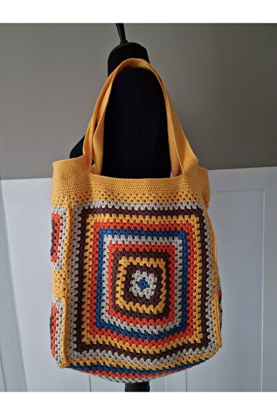 Hobi Kafe Yellow Hand Knitted Lined Large Motif Summer Bag