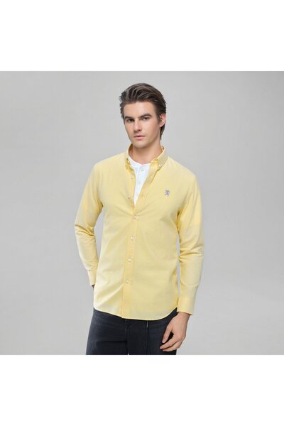 Giordano قميص رجالي بأكمام طويلة بنقشة أسد أكسفورد ضيقة