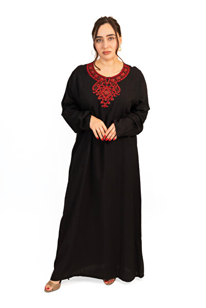 LINELLE Black Jalabiya with Red Embroidered Neckline