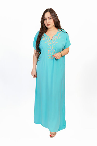 LINELLE جلابية زرقاء بياقة على شكل حرف V مطرزة