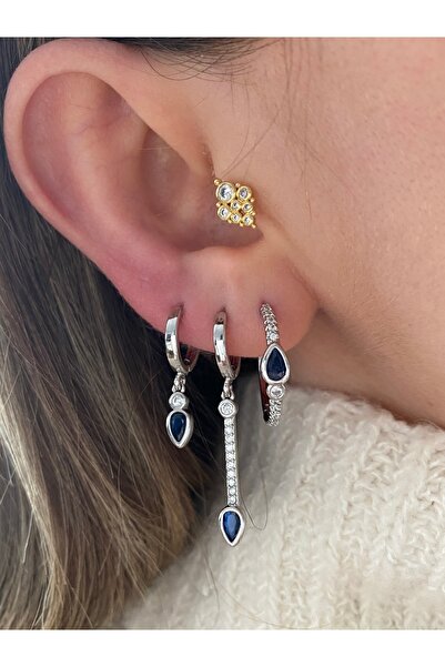Pinery Jewels Lacivert Damla Taşlı Kadın 3'lü Küpe Seti PJ
