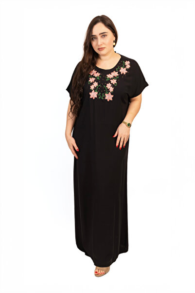 LINELLE جلابية سوداء بياقة على شكل حرف V مطرزة