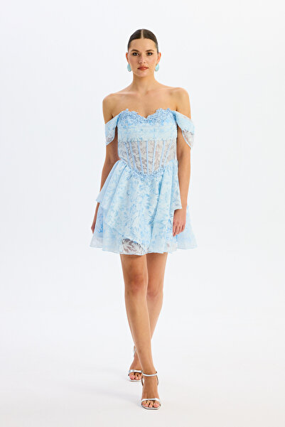 Carmen Bebe Mavi Düşük Kol İşlemeli Tül Abiye Elbise