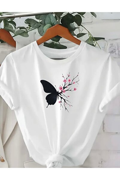 FUFLUNS Unisex Women/Men Oversize Crewneck T-Shirt with Butterfly Sakura Flow...