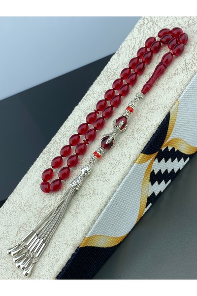 Tesbih Store Blok Zar Kehribar Tesbih Özel Tasarım Gümüş Kaplama Püskül