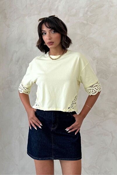 Caddebostan Moda Women's Lace Detailed Short Sleeve Crew Neck Cotton Knitted ...