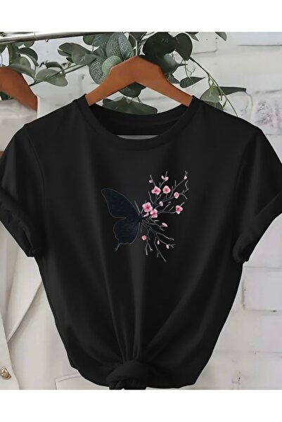 FUFLUNS Unisex Women/Men Oversize Crewneck T-Shirt with Butterfly Sakura Flow...