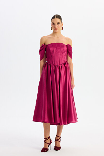 Carmen Mürdüm Düşük Kol Midi Organze Söz Elbisesi