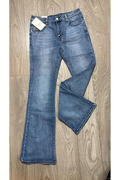 NO BRAND WOMEN'S FLARED JEANS, MID WAIST, BLUE DENIM, MODERN STYLE