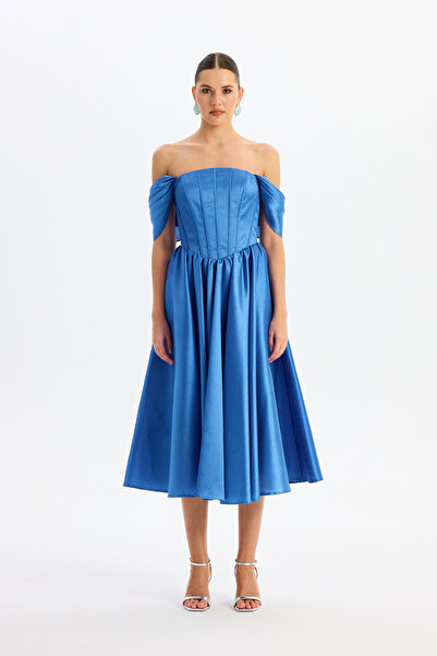 Carmen İndigo Düşük Kol Midi Organze Söz Elbisesi