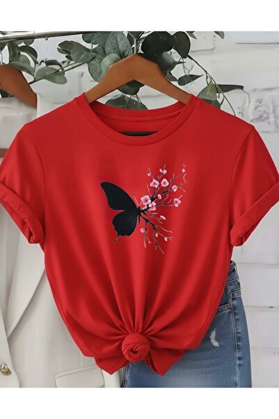 FUFLUNS Unisex Women/Men Oversize Crewneck T-Shirt with Butterfly Sakura Flow...
