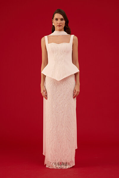 Carmen Beyaz Şallı Kare Yaka Payetli Nikah Elbisesi