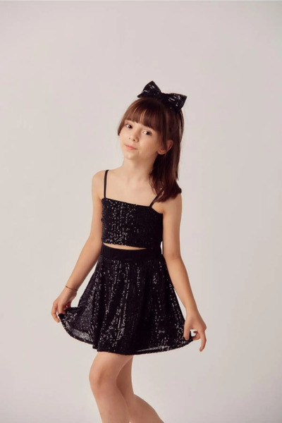 Tomac Pul Payet Etek & Crop Gümüş Kız Çocuk Abiye Takım