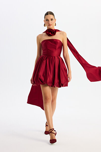 Carmen Bordo Balon Etek Güllü Saten Abiye Elbise