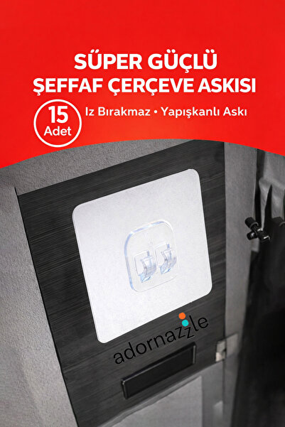 adornazzle 15 Adet Süper Güçlü Şeffaf Çerçeve Askısı, Duvar Delmeyen Kanca, İ...