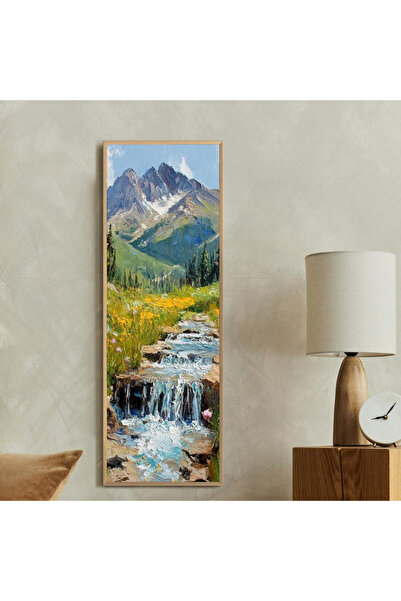 Tuba Decor Tek Parça Gerçek Ahşap dikey Panorama Çerçeveli Tablo dağlar ve su