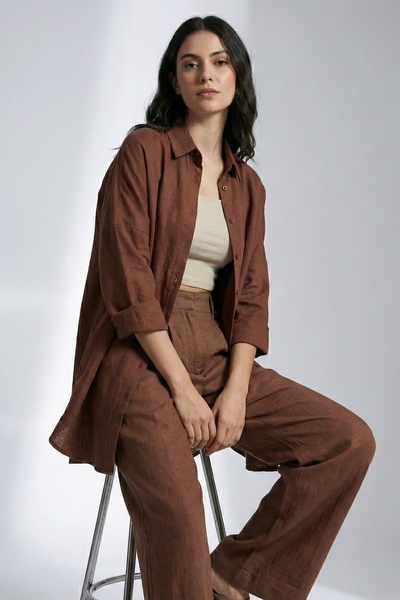 Lunfia Oversize Uzun Temel Gömlek - Kahve