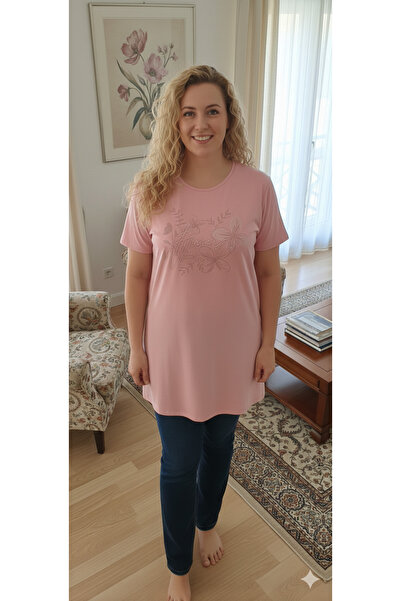Stor Kadın Büyük Beden Pembe Uzun Tişört - Çiçek Baskılı Tunik Boy Pamuklu Kı...
