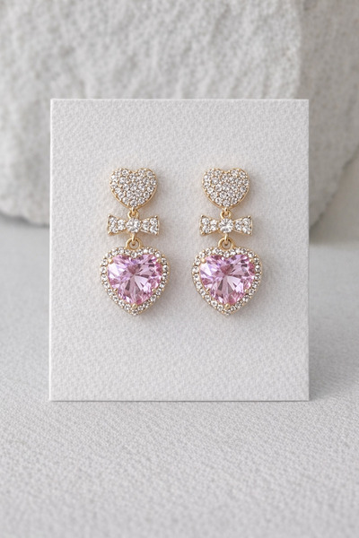 Owentis Çelik Gold Pembe Kristal Taşlı Kalpli Mia Küpe -kararma yapmaz-