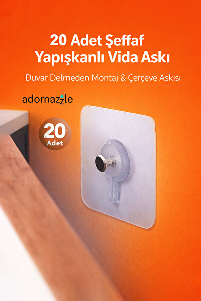 adornazzle 20 Adet Şeffaf Yapışkanlı Vida Askı, Duvar Delmeden Montaj, Çerçev...