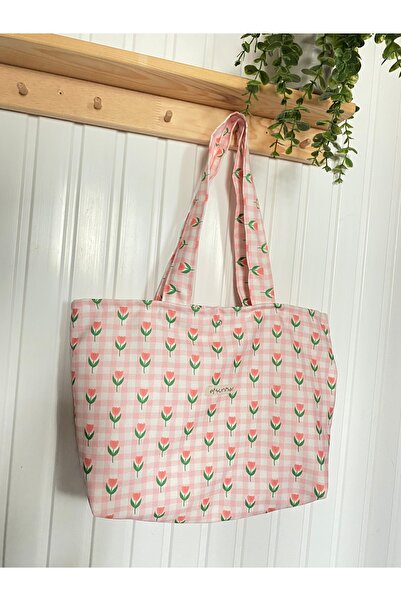 efsunkar Lale Desenli Pötikareli Omuz Çantası - Pembe Aesthetic Tote Bag