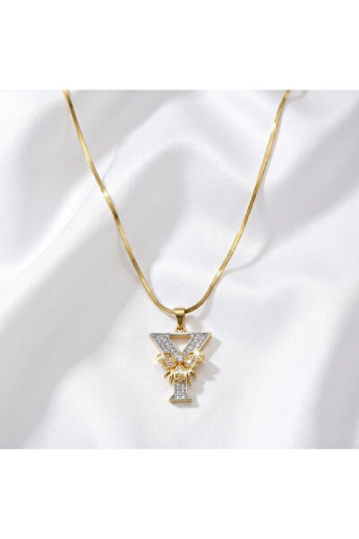 Dorvina 316L Kararmaz Çelik Renkli Zirkon Taşlı Y Harfi Kolye Gold Renk Kadın...