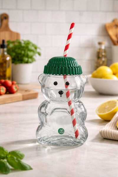 OBLİVİON Teddy Bear Glass Cup with Straw 500 ml – Cute Design with Green Lid ...
