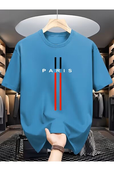 oneagılyazı Black and Red Striped Paris Printed T-Shirt, Comfortable Round Ne...