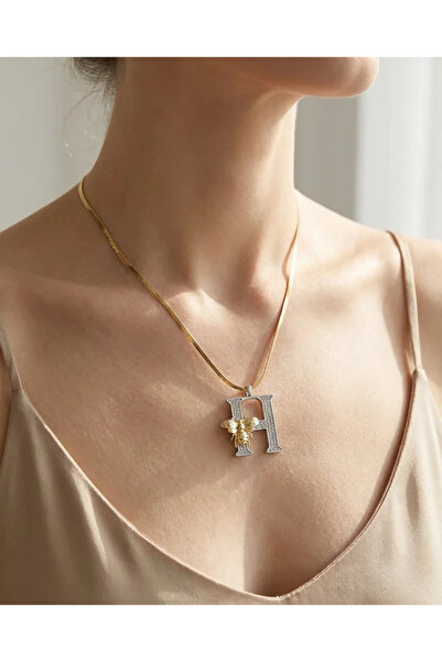 Dorvina 316L Kararmaz Çelik Renkli Zirkon Taşlı H Harfi Kolye Gold Renk Kadın...