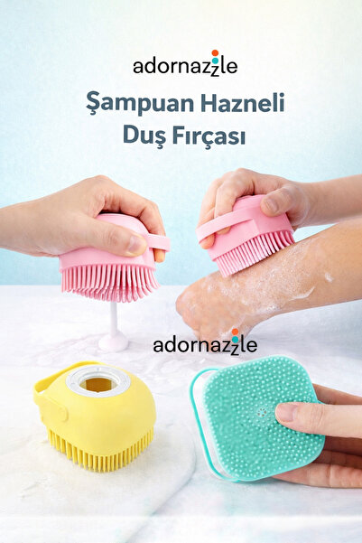 adornazzle Şampuan Hazneli Duş Fırçası, Hazneli Silikon Banyo Kesesi, Peeling...
