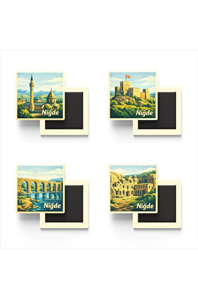 iBerk Mıknatıslı Buzdolap Magneti - Niğde - 4'lü Memleket Seti - 9x9 cm - 4 Adet