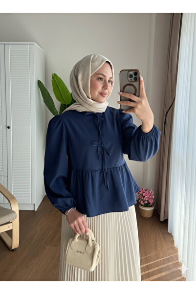 RFK Butik Kadın Etek Üstü Önü Bağcıklı Balon Kol Kısa Tesettür Gömlek - Lacivert