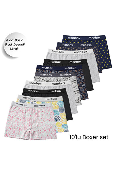 MENBOX Erkek 10'lu Desenli Likralı Esnek Boxer Set