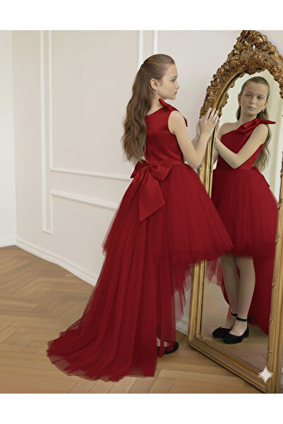 Star Kids Girl's Red Graduation Dress with Tail Detail and Bow Tulle Skirt, E...