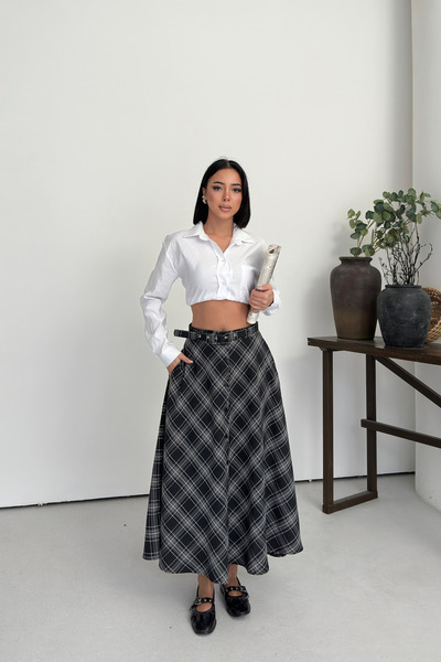 Sorridi Belted Buttoned Plaid Skirt