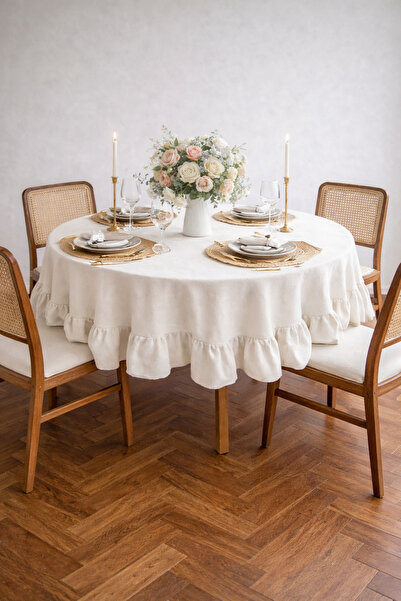 NURGİTA HOME Ruffled Natural Raw Linen Round Tablecloth (140X140 cm)