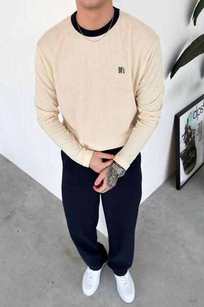 HAFKAGİYİM Cream Old Money 90's Slim Ribbed Oversize Long Sleeve T-Shirt