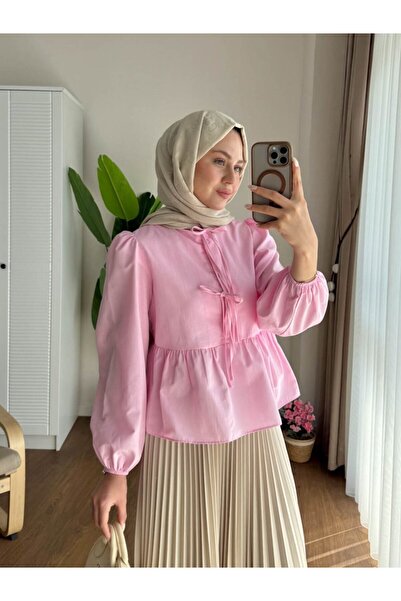 RFK Butik Kadın Etek Üstü Önü Bağcıklı Balon Kol Kısa Tesettür Gömlek - Pembe